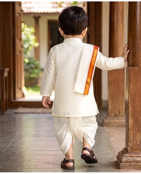Babyhug Woven Full Sleeves Solid Colour Kurta Dhoti Mundu Set with Dupatta - Off White