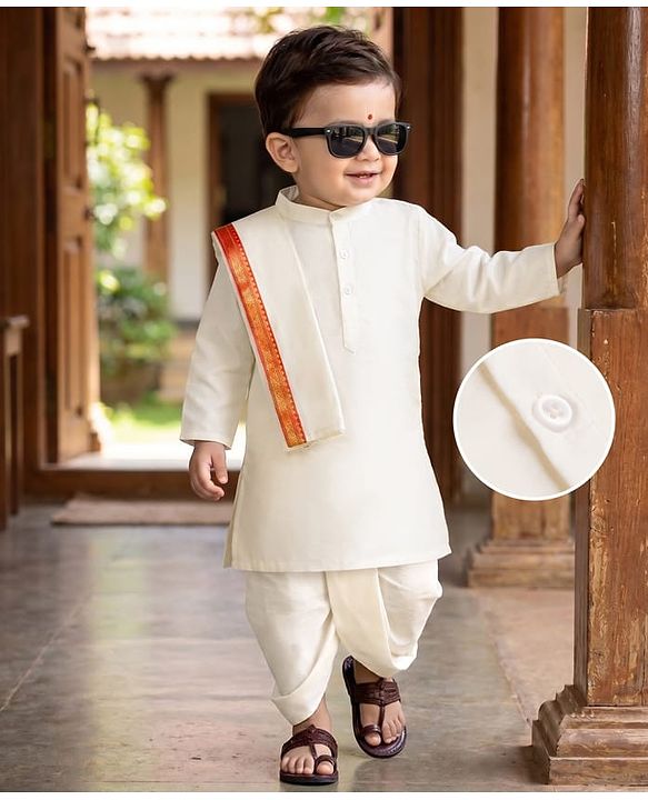 Babyhug Woven Full Sleeves Solid Colour Kurta Dhoti Mundu Set with Dupatta - Off White
