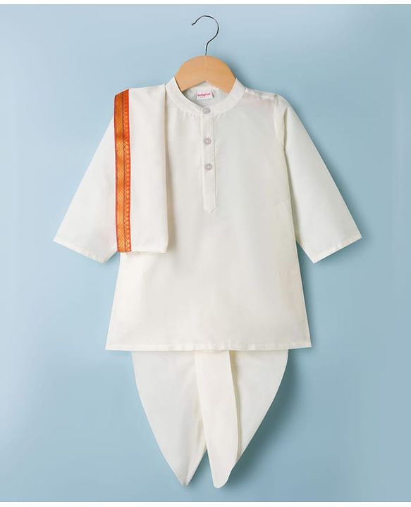 Babyhug Woven Full Sleeves Solid Colour Kurta Dhoti Mundu Set with Dupatta - Off White