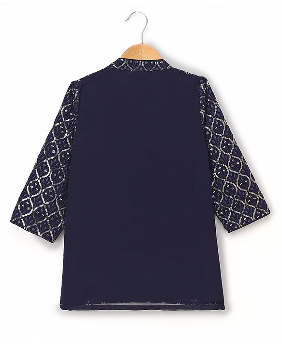Babyhug Georgett Woven Full Sleeves Embroidered Kurta Pyjama Set With Sequin Detailing - Navy Blue