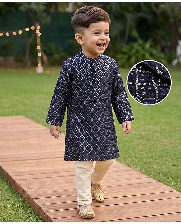 Babyhug Georgett Woven Full Sleeves Embroidered Kurta Pyjama Set With Sequin Detailing - Navy Blue