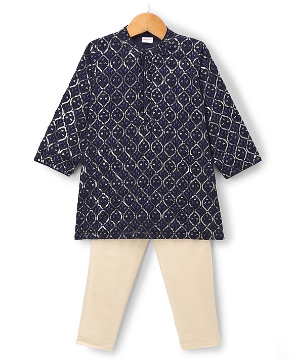 Babyhug Georgett Woven Full Sleeves Embroidered Kurta Pyjama Set With Sequin Detailing - Navy Blue
