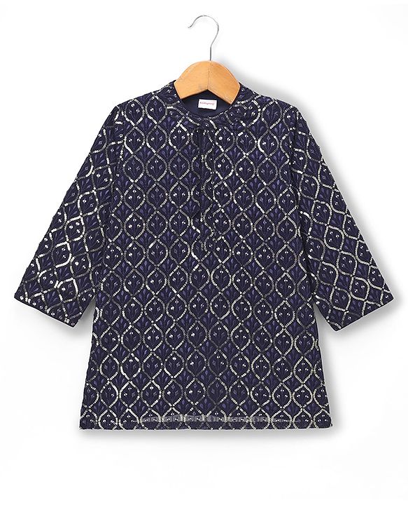 Babyhug Georgett Woven Full Sleeves Embroidered Kurta Pyjama Set With Sequin Detailing - Navy Blue