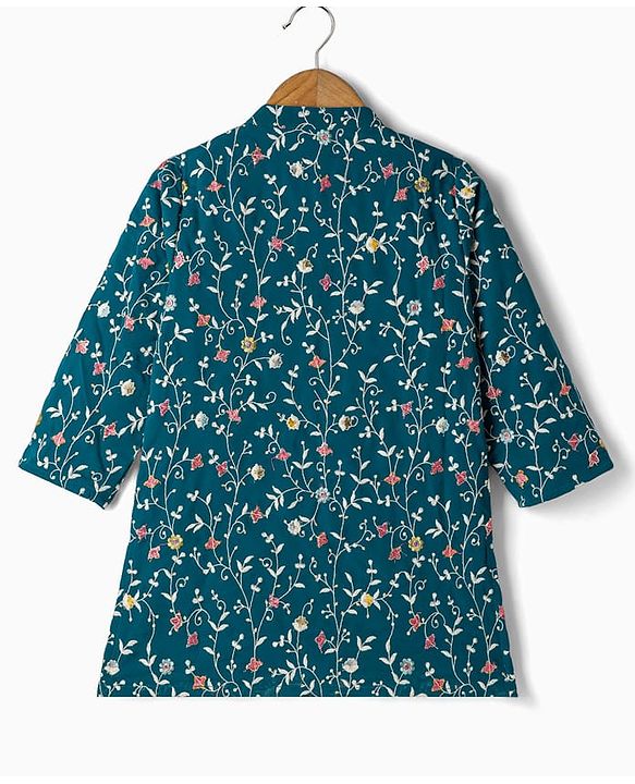 Babyhug Georgette Woven Full Sleeves Floral Embroidered  Kurta Dhoti Set - Teal Blue