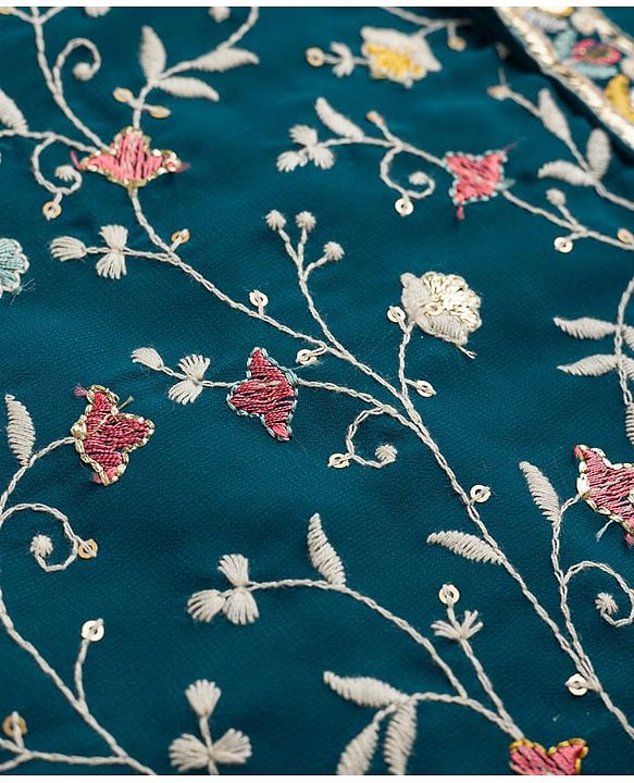 Babyhug Georgette Woven Full Sleeves Floral Embroidered  Kurta Dhoti Set - Teal Blue