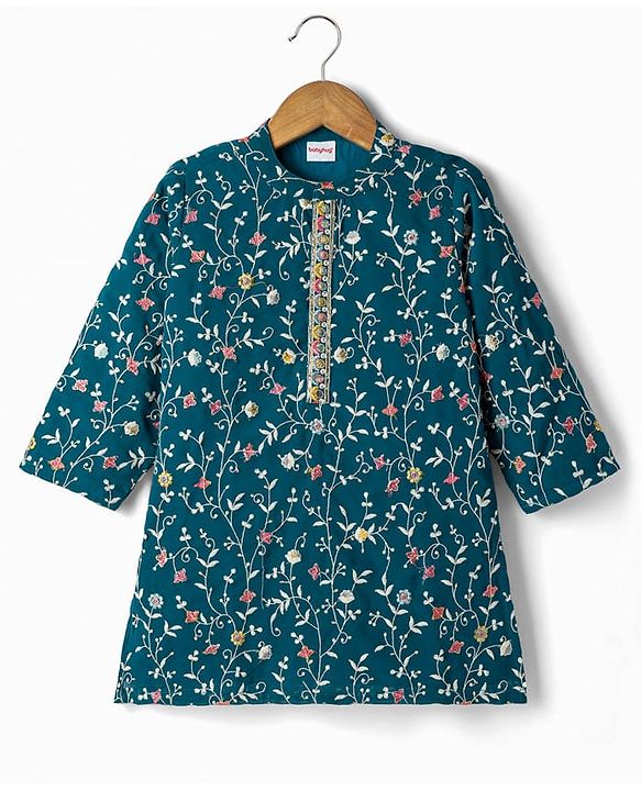 Babyhug Georgette Woven Full Sleeves Floral Embroidered  Kurta Dhoti Set - Teal Blue