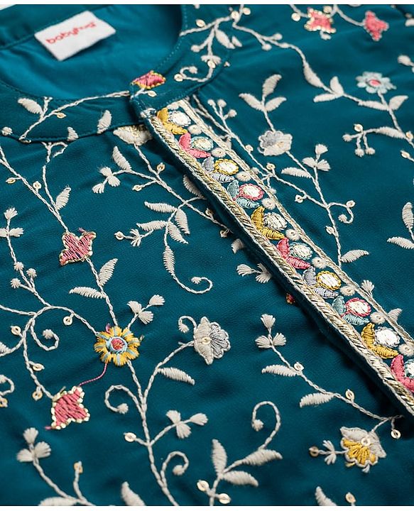 Babyhug Georgette Woven Full Sleeves Floral Embroidered  Kurta Dhoti Set - Teal Blue