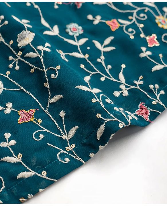 Babyhug Georgette Woven Full Sleeves Floral Embroidered  Kurta Dhoti Set - Teal Blue