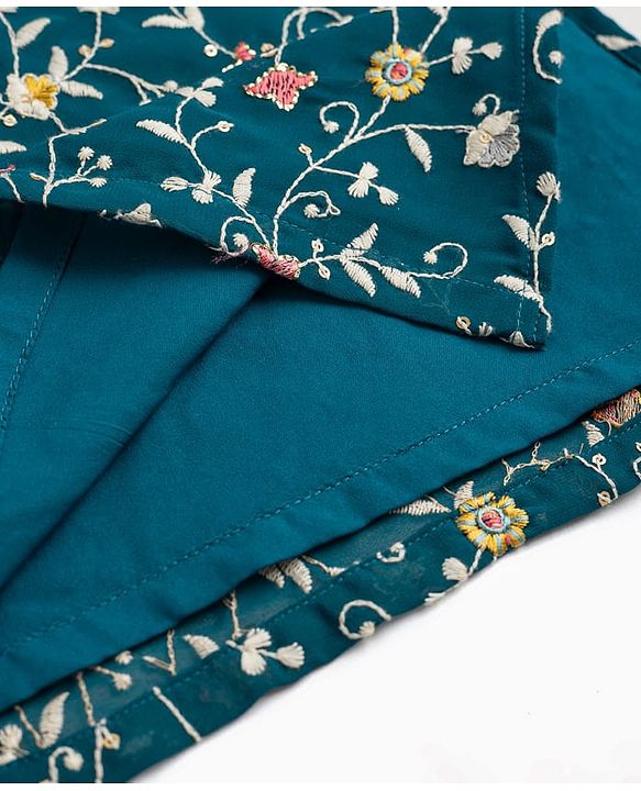 Babyhug Georgette Woven Full Sleeves Floral Embroidered  Kurta Dhoti Set - Teal Blue