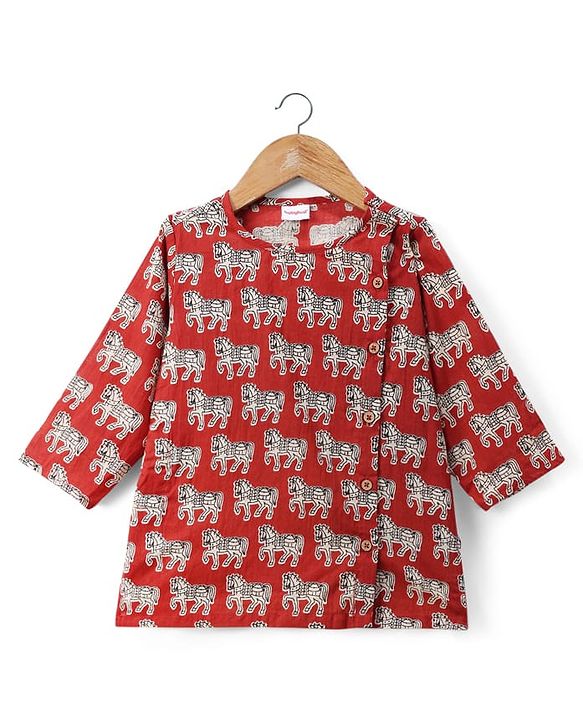 Babyhug 100% Cotton Cambric Woven Full Sleeves Horse Printed Kurta Dhoti Set - Red