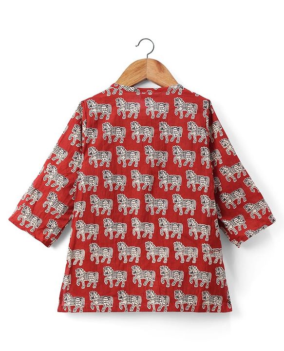 Babyhug 100% Cotton Cambric Woven Full Sleeves Horse Printed Kurta Dhoti Set - Red