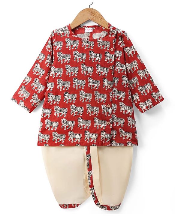 Babyhug 100% Cotton Cambric Woven Full Sleeves Horse Printed Kurta Dhoti Set - Red