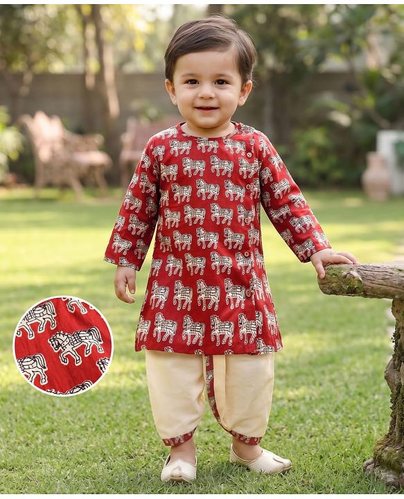 Babyhug 100% Cotton Cambric Woven Full Sleeves Horse Printed Kurta Dhoti Set - Red