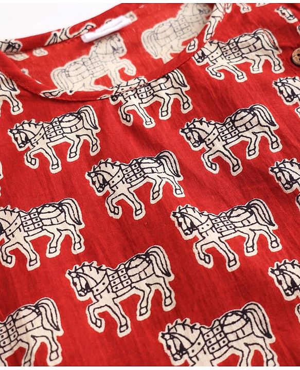 Babyhug 100% Cotton Cambric Woven Full Sleeves Horse Printed Kurta Dhoti Set - Red
