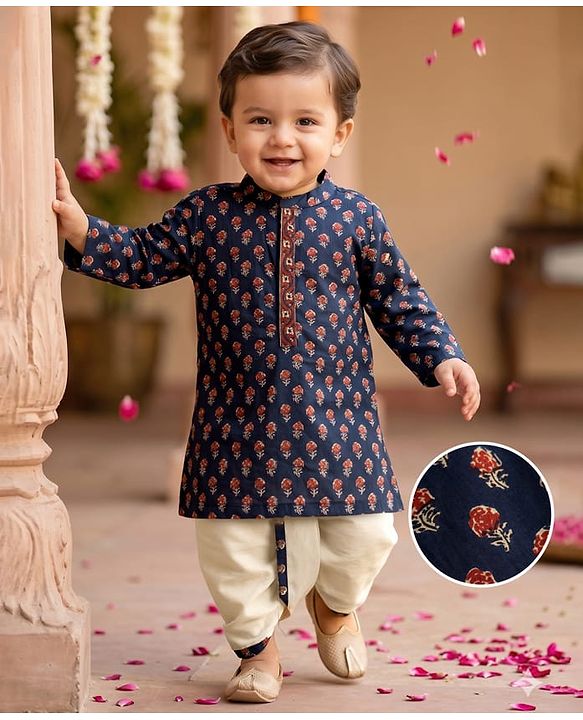 Babyhug 100% Cotton Woven Full Sleeves Floral Printed Kurta & Dhoti Set - Navy Blue