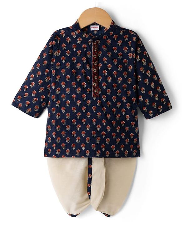 Babyhug 100% Cotton Woven Full Sleeves Floral Printed Kurta & Dhoti Set - Navy Blue