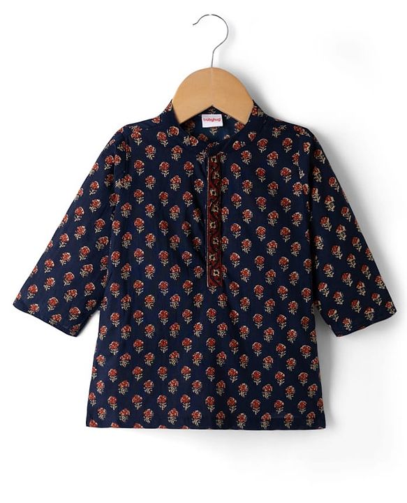 Babyhug 100% Cotton Woven Full Sleeves Floral Printed Kurta & Dhoti Set - Navy Blue