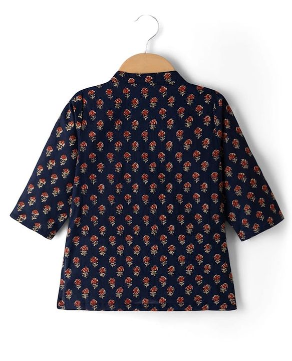 Babyhug 100% Cotton Woven Full Sleeves Floral Printed Kurta & Dhoti Set - Navy Blue