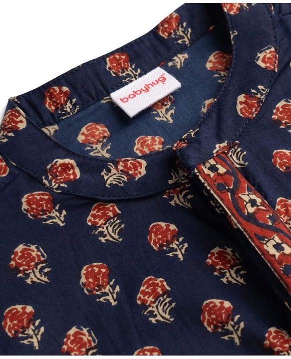 Babyhug 100% Cotton Woven Full Sleeves Floral Printed Kurta & Dhoti Set - Navy Blue