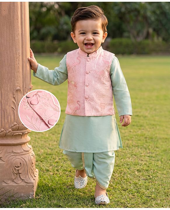 Babyhug Cotton Blend Woven Full Sleeves Boyssolid Dhoti Kurta Set With Jungle Safari Theme Embroidered Jacket - Light Green