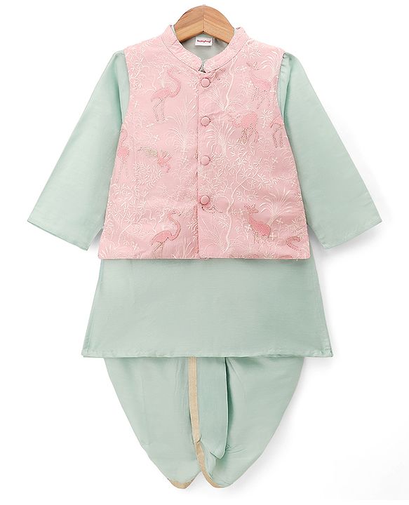 Babyhug Cotton Blend Woven Full Sleeves Boyssolid Dhoti Kurta Set With Jungle Safari Theme Embroidered Jacket - Light Green