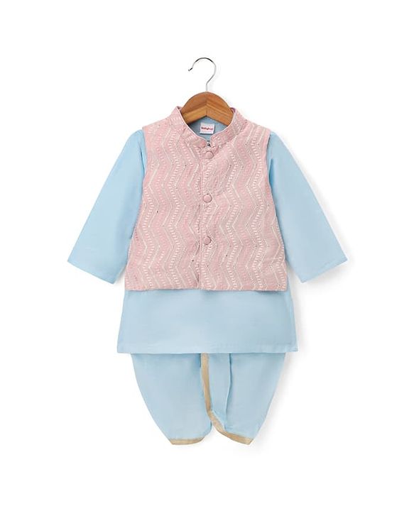Babyhug Cotton Blend Woven Full Sleeves Boyssolid Dhoti Kurta Set With Embroidered Jacket - Light Blue