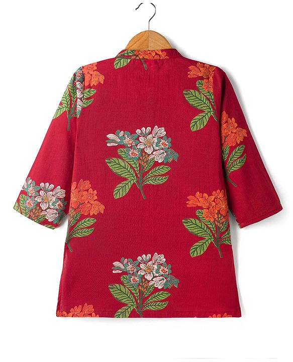 Babyhug 100% Cotton Woven Full Sleeves Floral Printed Kurta & Dhoti Set - Red