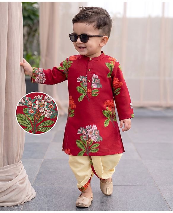 Babyhug 100% Cotton Woven Full Sleeves Floral Printed Kurta & Dhoti Set - Red