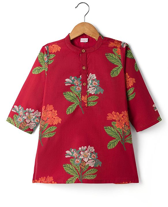 Babyhug 100% Cotton Woven Full Sleeves Floral Printed Kurta & Dhoti Set - Red