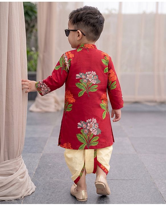 Babyhug 100% Cotton Woven Full Sleeves Floral Printed Kurta & Dhoti Set - Red