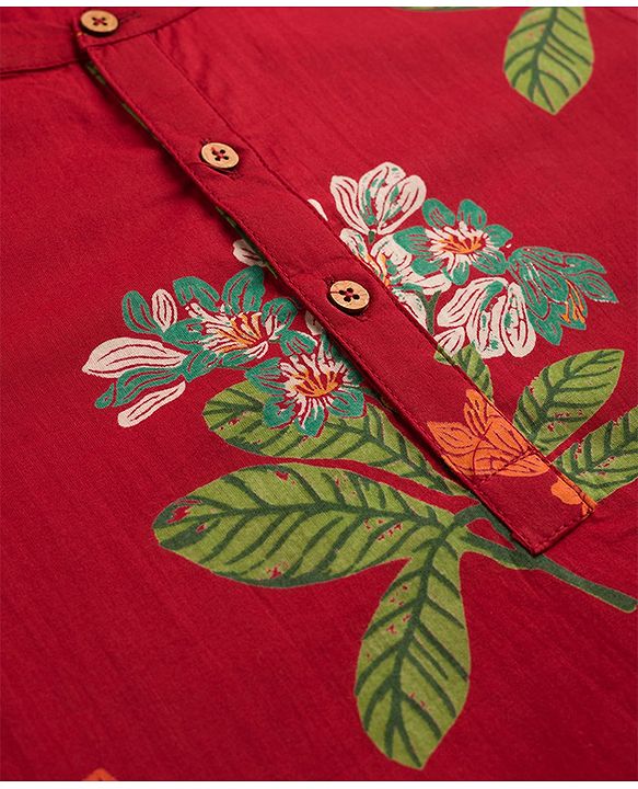 Babyhug 100% Cotton Woven Full Sleeves Floral Printed Kurta & Dhoti Set - Red