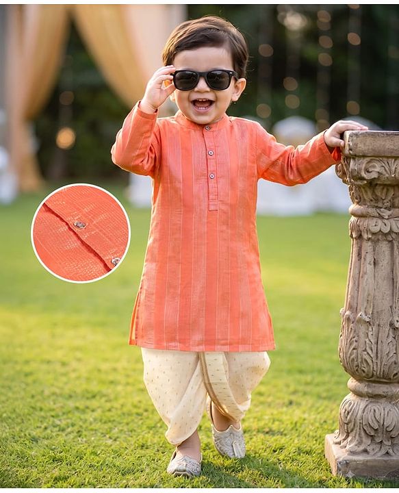 Babyhug Cotton Blend Woven Full Sleeves Dobby Dhoti Kurta Set With Zari Work - Orange