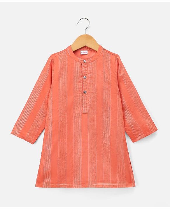Babyhug Cotton Blend Woven Full Sleeves Dobby Dhoti Kurta Set With Zari Work - Orange