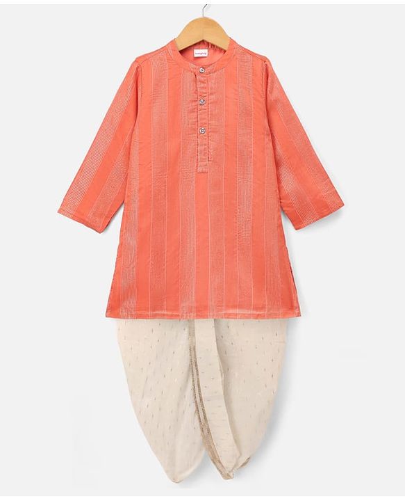Babyhug Cotton Blend Woven Full Sleeves Dobby Dhoti Kurta Set With Zari Work - Orange