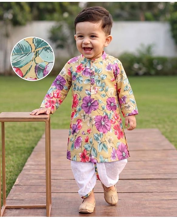 Babyhug Cambric Woven Full Sleeves Floral Printed Kurta & Dhoti Set - Yellow