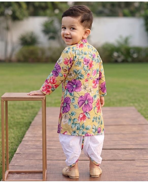 Babyhug Cambric Woven Full Sleeves Floral Printed Kurta & Dhoti Set - Yellow