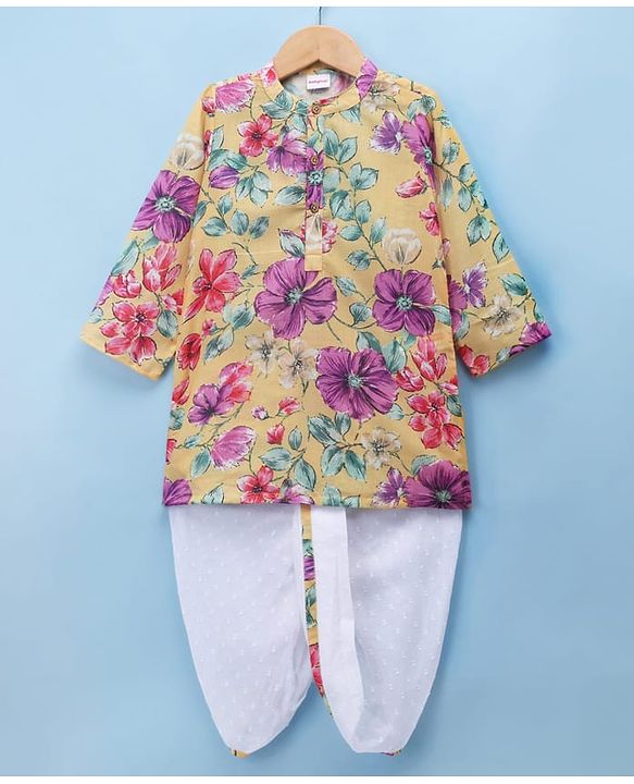 Babyhug Cambric Woven Full Sleeves Floral Printed Kurta & Dhoti Set - Yellow