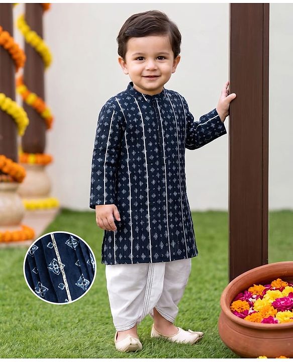 Babyhug 100% Cotton Cambric Woven Full Sleeves Pintucked Floral Printed Kurta Dhoti Set - Blue