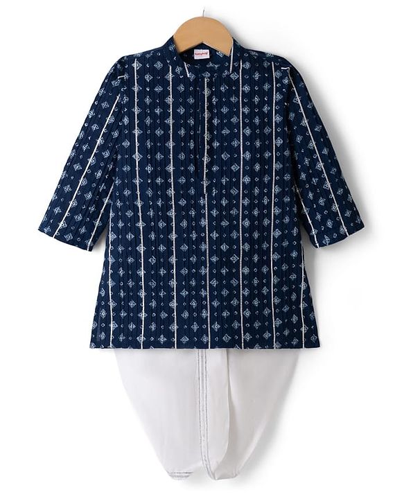 Babyhug 100% Cotton Cambric Woven Full Sleeves Pintucked Floral Printed Kurta Dhoti Set - Blue