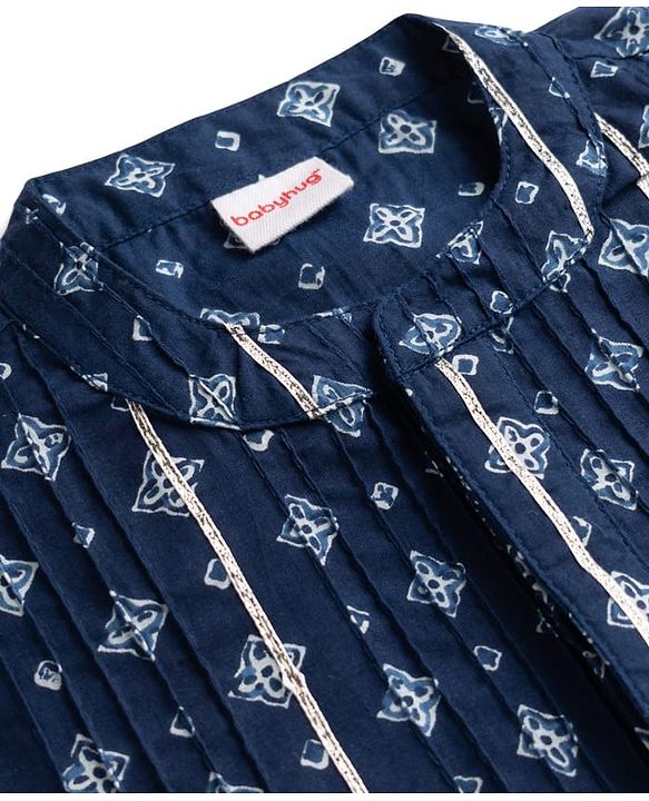 Babyhug 100% Cotton Cambric Woven Full Sleeves Pintucked Floral Printed Kurta Dhoti Set - Blue