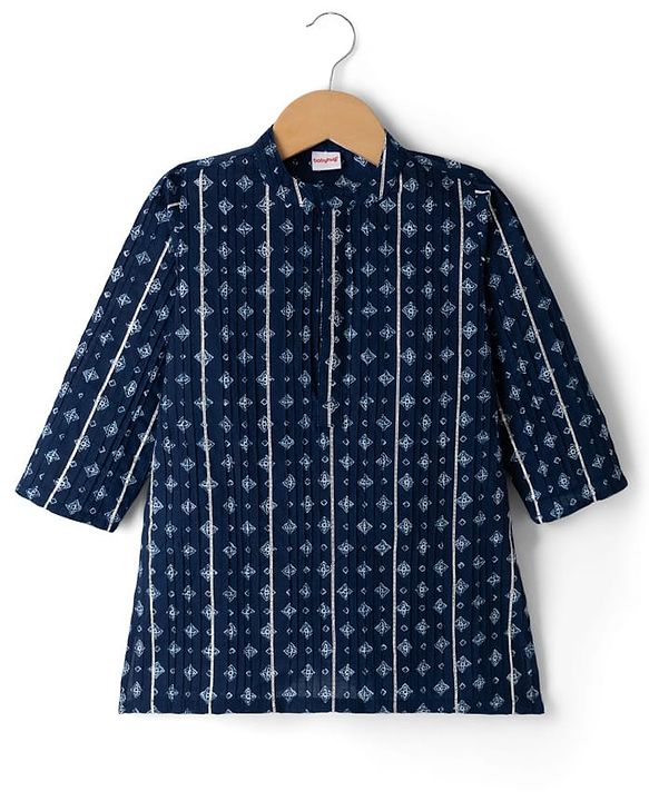 Babyhug 100% Cotton Cambric Woven Full Sleeves Pintucked Floral Printed Kurta Dhoti Set - Blue