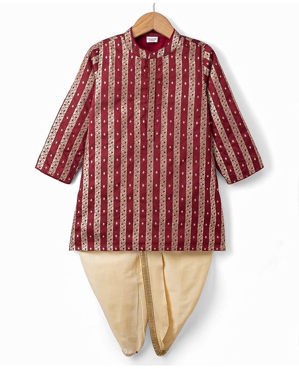 Babyhug Brocade Woven Full Sleeves Striped & Foil Printed Kurta & Dhoti Set - Maroon