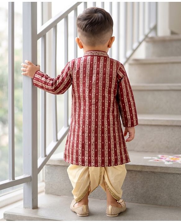 Babyhug Brocade Woven Full Sleeves Striped & Foil Printed Kurta & Dhoti Set - Maroon