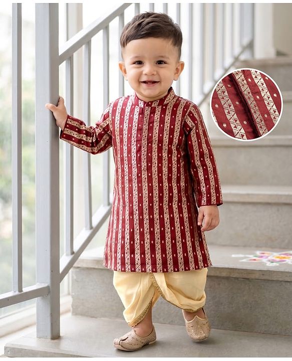 Babyhug Brocade Woven Full Sleeves Striped & Foil Printed Kurta & Dhoti Set - Maroon