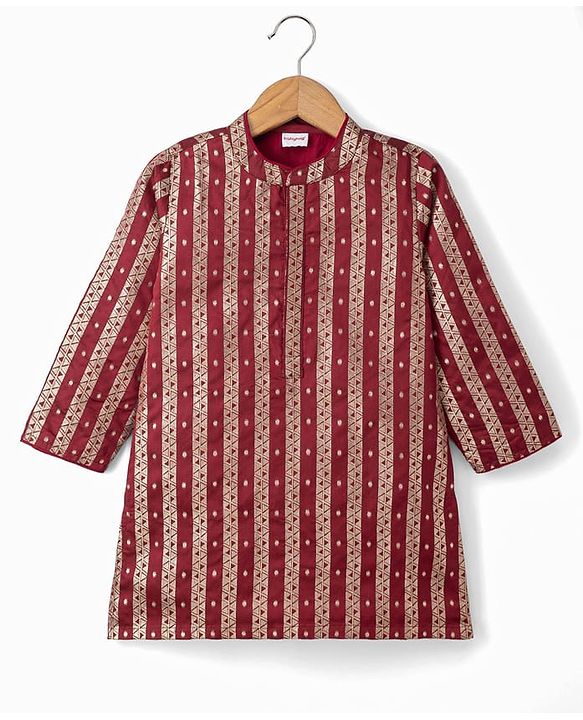 Babyhug Brocade Woven Full Sleeves Striped & Foil Printed Kurta & Dhoti Set - Maroon