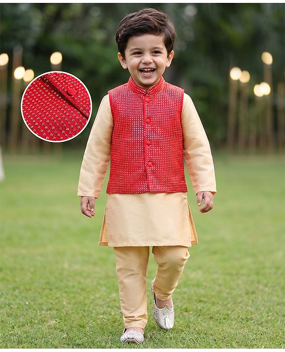 Babyhug Cotton Blend Woven Full Sleeves Solid Kurta Pyjama Set With Sequenced Detailing Jacket - Red & Beige