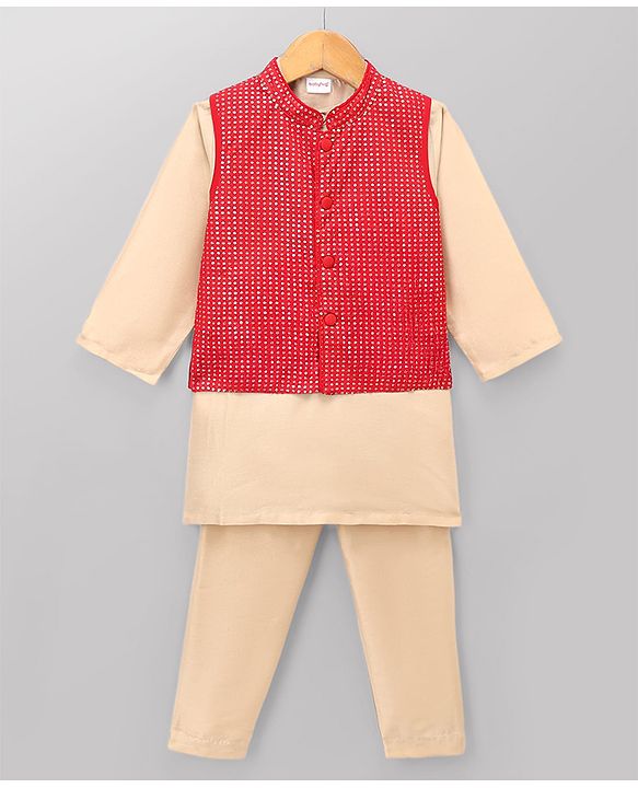 Babyhug Cotton Blend Woven Full Sleeves Solid Kurta Pyjama Set With Sequenced Detailing Jacket - Red & Beige