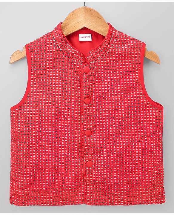 Babyhug Cotton Blend Woven Full Sleeves Solid Kurta Pyjama Set With Sequenced Detailing Jacket - Red & Beige