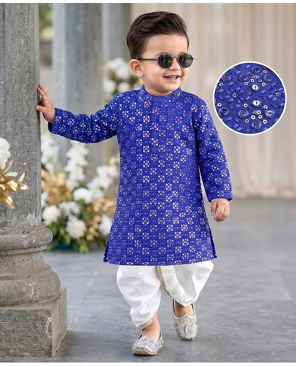 Babyhug Georgette Woven Full Sleeves Embroidered & Sequinned Dhoti Kurta Set - Blue