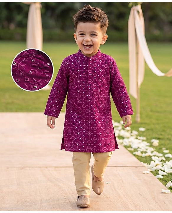 Babyhug Georgette Woven Full Sleeves Floral Embroidered & Sequinned Kurta Pajama Set - Wine